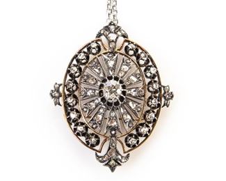Large Antique Diamond Pendant / Brooch With 14K Necklace