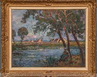 Eugene A. Chigot (French, 1860-1923) Oil On Canvas, Country River Landscape With Cottages
