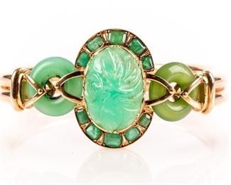 Fantastic 14K Gold Jade And Emerald Deco Bracelet