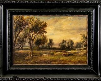 George Inness (American, 1825-1894) Oil On Canvas, Country Landscape With Cattle And