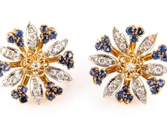 14K, Diamond & Sapphire Floral Form Earrings