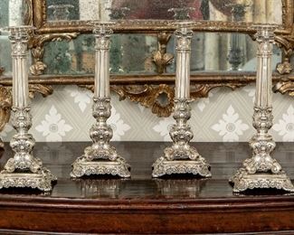 Set Of German Silver 800 Tall Candlesticks, Sackermann, Hessenberg & Co., Frankfurt -