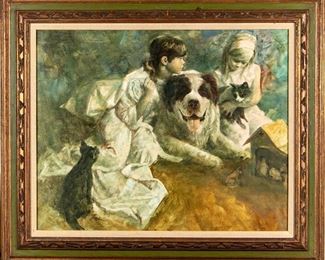 Joseph Bowler (American, 1928-2017) Oil On Canvas, Girls With Their Pets