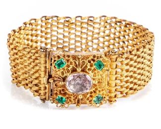 19th Century 14K Gold Cannatille Bracelet With Emeralds