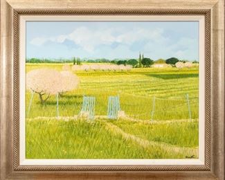 Dominique Dorie (French, B. 1958) Oil On Canvas, Country Landscape With Blue Fence