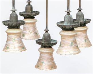 Five Light Bronze Fixture With Quezal Art Glass Heart & Thread Shades