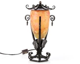 Signed Duam Nancy Art Glass & Wrought Iron Lamp