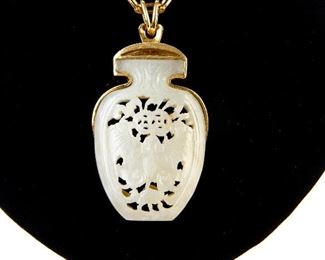 A Large And Substantial Carved Jade Pendant In 18K Gold Setting With 18K Necklace