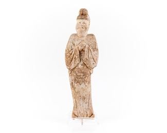 Tang Dynasty Painted Terracotta Court Attendant On Lucite Stand
