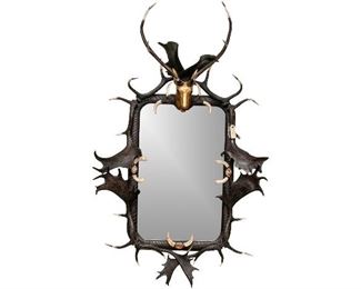 Impressive Figural Stag Head Mirror Garnished With Faux Antlers & Tusks