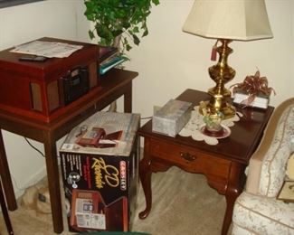 Crosley  radio record player, cheery end stand, brass lamp