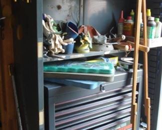 Craftsman five-drawer tool chest, garden accessories.