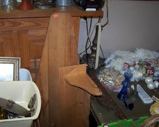 wooden ironing board, shelf, misc.