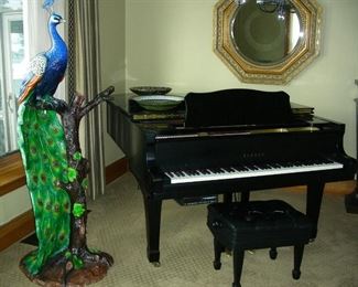 Yamaha C5 Grand Piano 6'7 & Life Size Bronze Peacock Sculpture