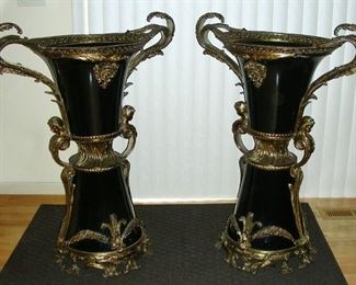 Pair Spectacular Dore' Bronze & Porcelain Palace Urns