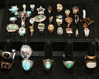 Assorted men's and women's Sterling and gold rings. With precious and semi precious stones