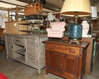 Vintage dolls arm chairs, create and barrel buffet, desk lamps, tv stand, shelves, wicker baskets, chairs, end table, Mexican and primitive pieces