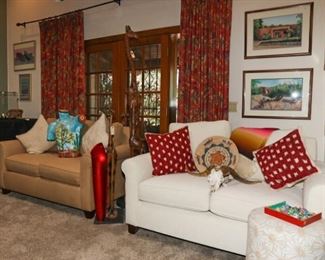 New white and tan Crate and Barrel loveseat couches, ottoman. Hand painted bust by Fania. Skull