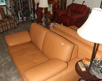 Copenhagen genuine leather loveseats, floor lamp. Antique child's cowboy boots