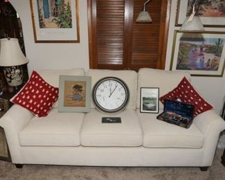 New large off white Crate and Barrel couch, overhanging lamp with marble base