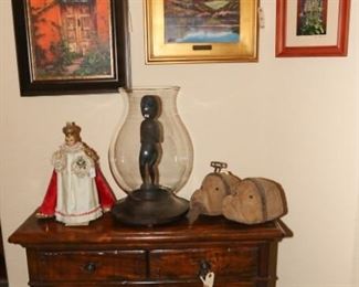 camel stirrups, art by Rockwell Jackson, Castle Bromwich reclaimed wood side bar, vintage infant Jesus of Prague