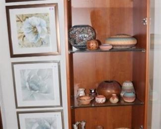 mata ortiz pottery, various native American pottery. Copenhagen lit cabinet