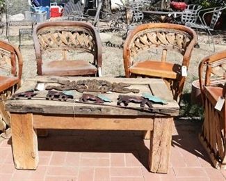 Mexican Equipale Pigskin Leather Furniture, primitive table, copper Western outdoor wall art