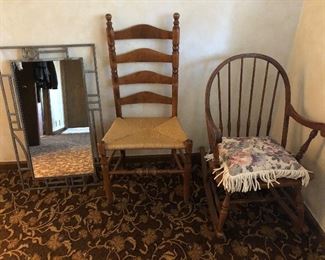 Rocking chair, Ladder back chair with Rush seat, Mirror
