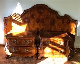 Henredon King sized Burled wood Headboard with Pair of Bombay style nightstands 28"W x 18"D x 23" H