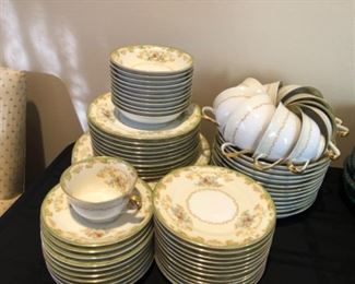 Noritake Tosca Fine Bone China, 6 Dinner plates, 10 Salad Plates, 12 Soup Bowls, 12 Desert Plates, 11 Fruit Bowls, 11 Saucers, 11 Tea Cups