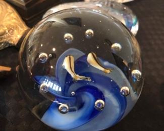 Signed Paperweight collection Controlled Bubble with fish and blue wave