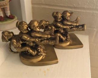 VINTAGE PAIR BRASS BOOKENDS BY PM CRAFTSMAN CHILDREN IN TUG OF WAR WITH FIREHOSE