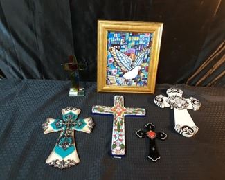 Framed custom dove tile with colorful crosses