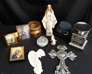 Mary plaques, statue box, candleholders, fleur de lis plaque and angel plaque