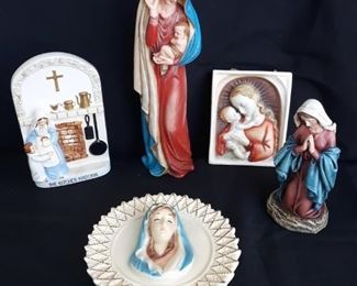 Mother Mary and Child Hummel Hanging Wall Plaque and Mary Figurines