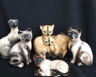 Set of 5 Siamese Cat Porcelain Figurines Statues