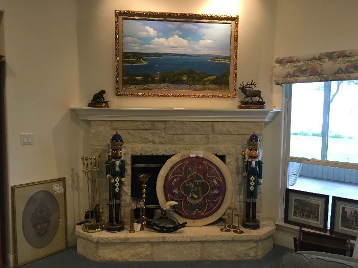 Commissioned William A. Slaughter “Home on Lake Travis” Oil Painting, Gorgeous Needlepoint “Christmas Window”, “Grizzly” Sculpture by Daniel Parker, “Dark Canyon Rogue” Sculpture by Bradford Williams