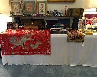 Vintage Circa 1970 Red Silk Lions Wall Hanging