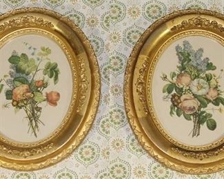 Vintage Gold Leaf oval framed floral prints 12” x 14”