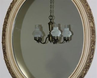 Venice Style Gold Leaf on ecru Wood frame oval mid century mirror 28” x 34”
