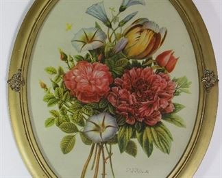Vintage floral bouquet print in oval Gold Leaf Frame 14” W x 18” H