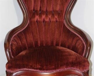 Pelham, Shell and Leckie Victorian Style Carved Roses Wood Frame Lady’s Chair with Burgundy rolled and tufted velvet upholstery