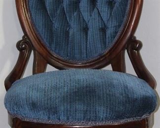 Victorian Carved Wood Round Back Blue tufted parlor chair