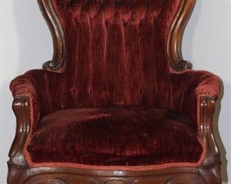 Pelham, Shell and Leckie Victorian  Style Carved Wood Frame Gentleman’s Chair with Burgundy rolled and tufted velvet upholstery