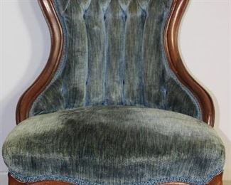 Victorian Carved Wood Frame Lady’s Chair blue rolled and tufted velvet upholstery