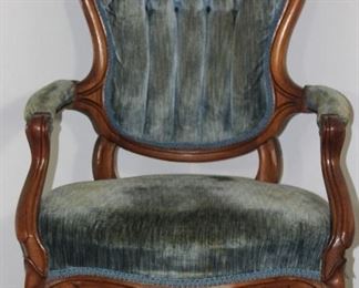 Victorian Carved Wood Frame Gentleman’s Chair Blue rolled and tufted velvet upholstery