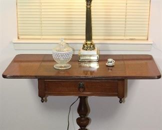 Imperial Furniture Grand Rapids, Michigan Mahogany Pedestal Base on 4 splayed legs drop leaf tea table, shown with Corinthian Column Lamp with milk glass globe and moon glow Hobnail Pedestal Candy Dish