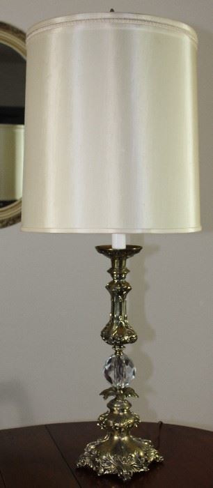 Vintage brass lamp with optic cut glass sphere in center 40” H