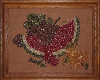Vintage dyed corn kernel collage hand crafted fruit still life on burlap in oak frame 21” W x 17”H