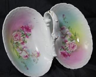 Antique porcelain center handle oval divided “roses” serving dish (8” x 11”)